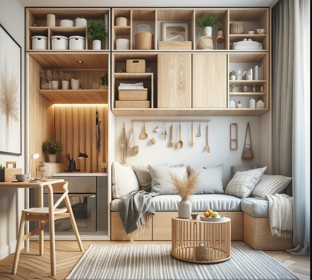 This image showcases a multifunctional living space with a modern Scandinavian design, featuring light colors, natural wood elements, and space-saving furniture.