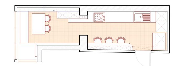 Планировка длинной узкой кухни с балконом