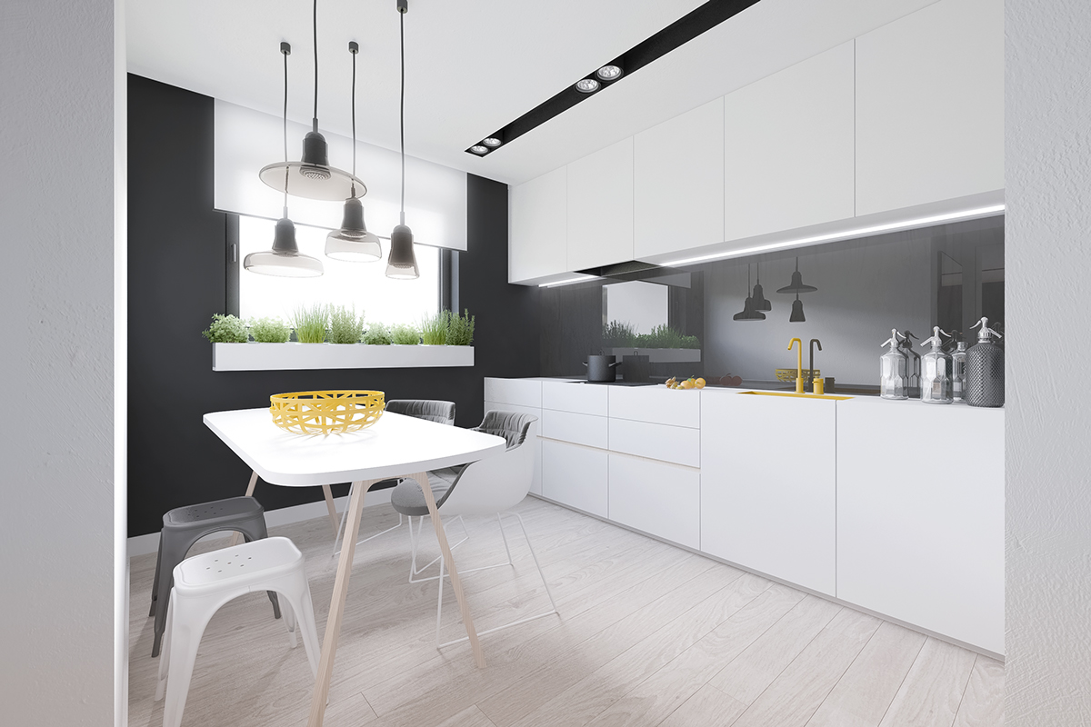 Интерьер маленькой кухни в чёрно-белом цвете