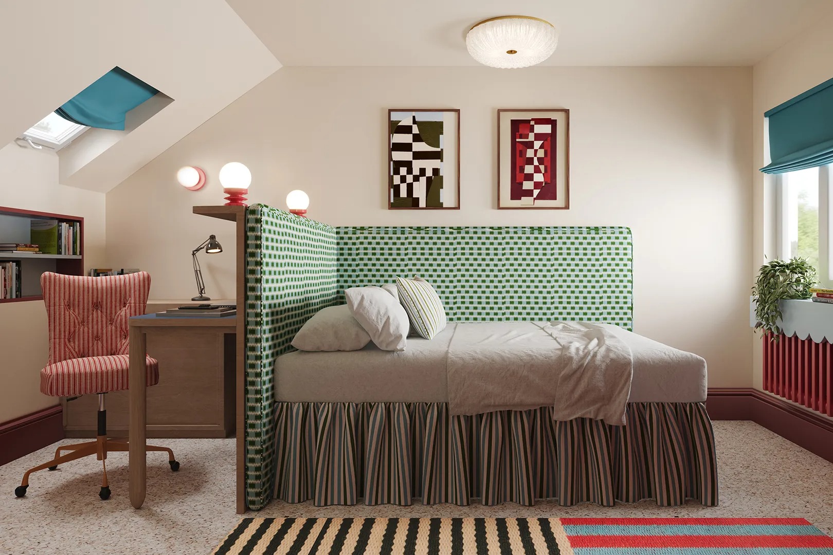 Спальня с высоким изголовьем кровати и рабочим столом I’ve Covered Hundreds of Tiny Homes